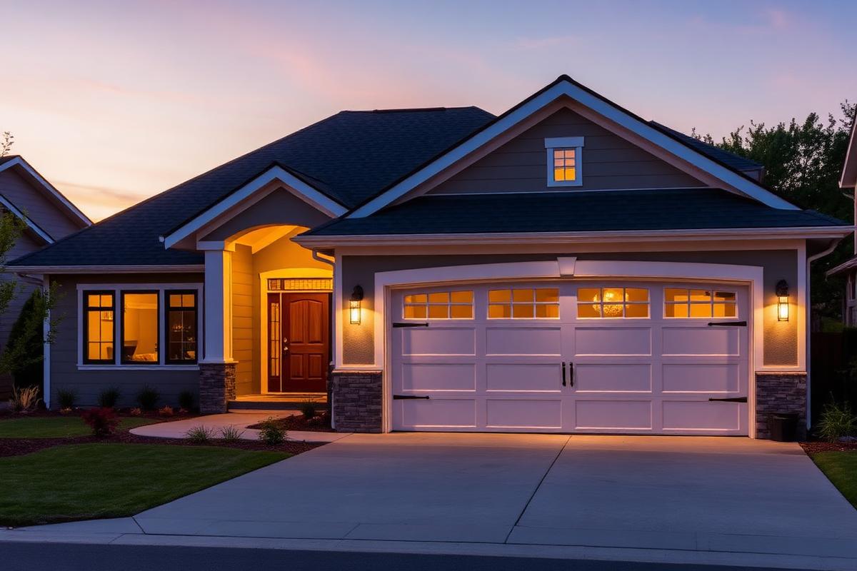 Beautiful garage door at twilight