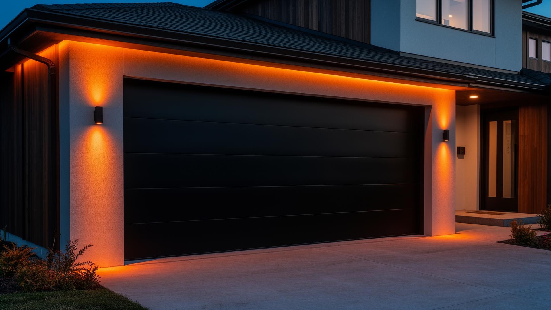 Modern garage door with dramatic lighting